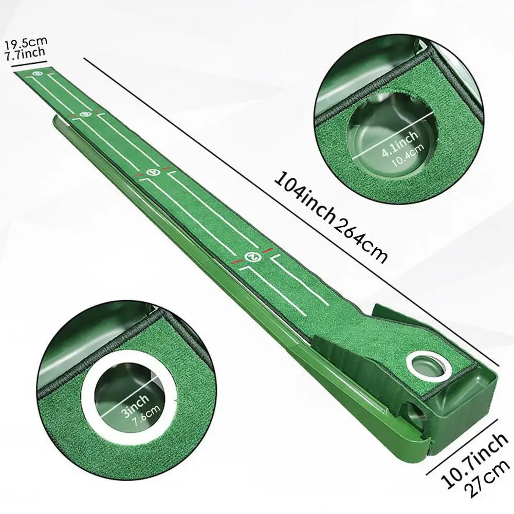 Golf putting practice mat, with guide lines and automatic ball return