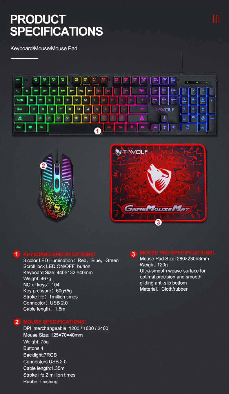 Wired RGB keyboard and mouse set for gaming and work