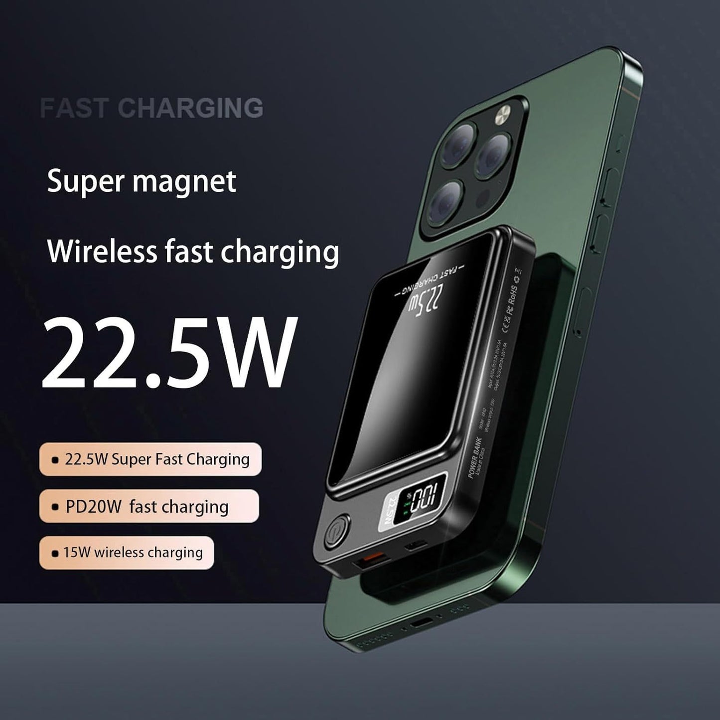Powerbank 10000mAh 22.5W, wireless charging, magnetic attachment to phone