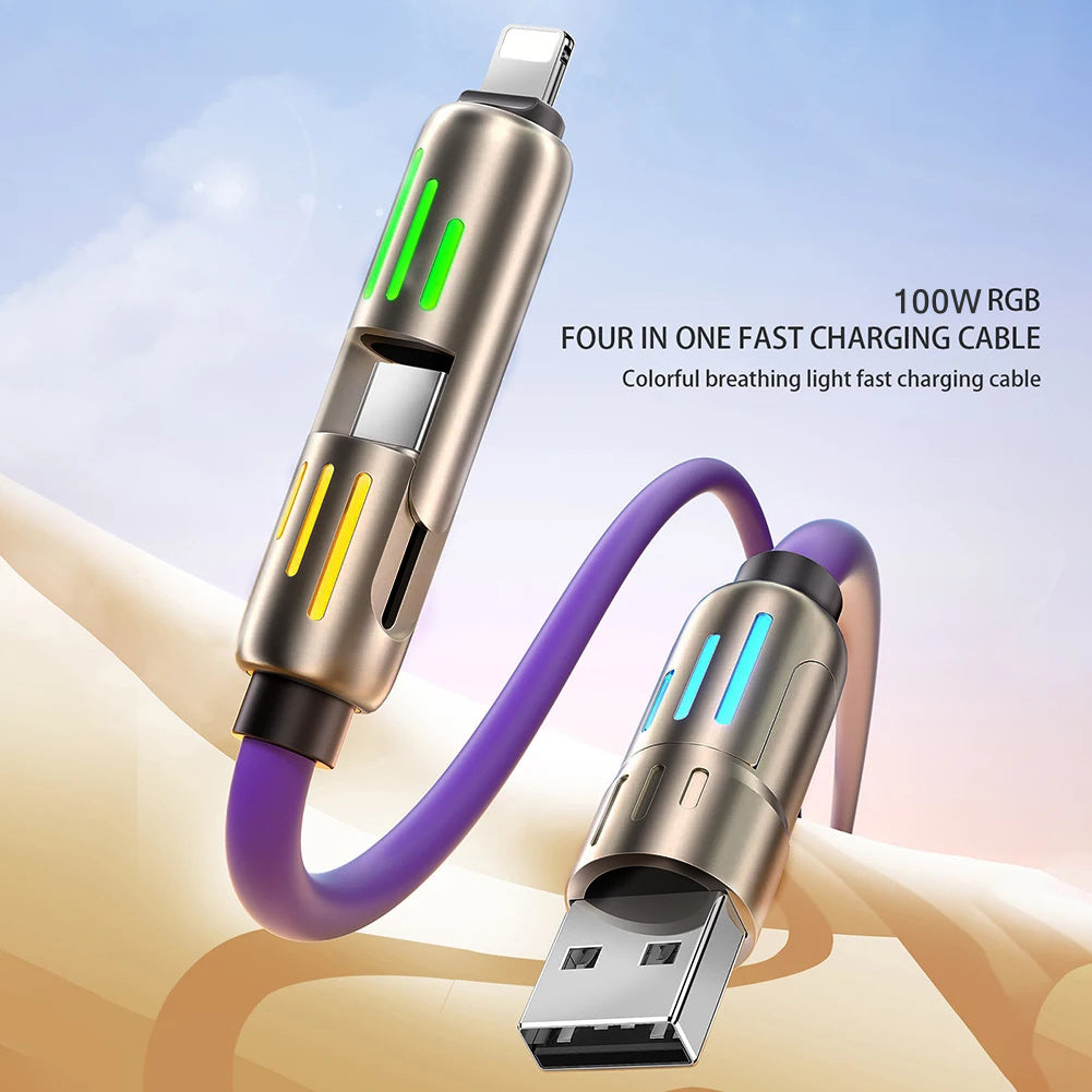 Hihowin 4-in-1 charging cable, 100W fast charging, stylish breathing light