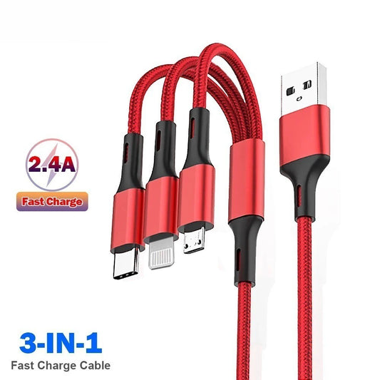 3-in-1 Pikalatauskaapeli 2.4A - iPhone, Micro USB, Type-C Monipuolinen 1.2m
