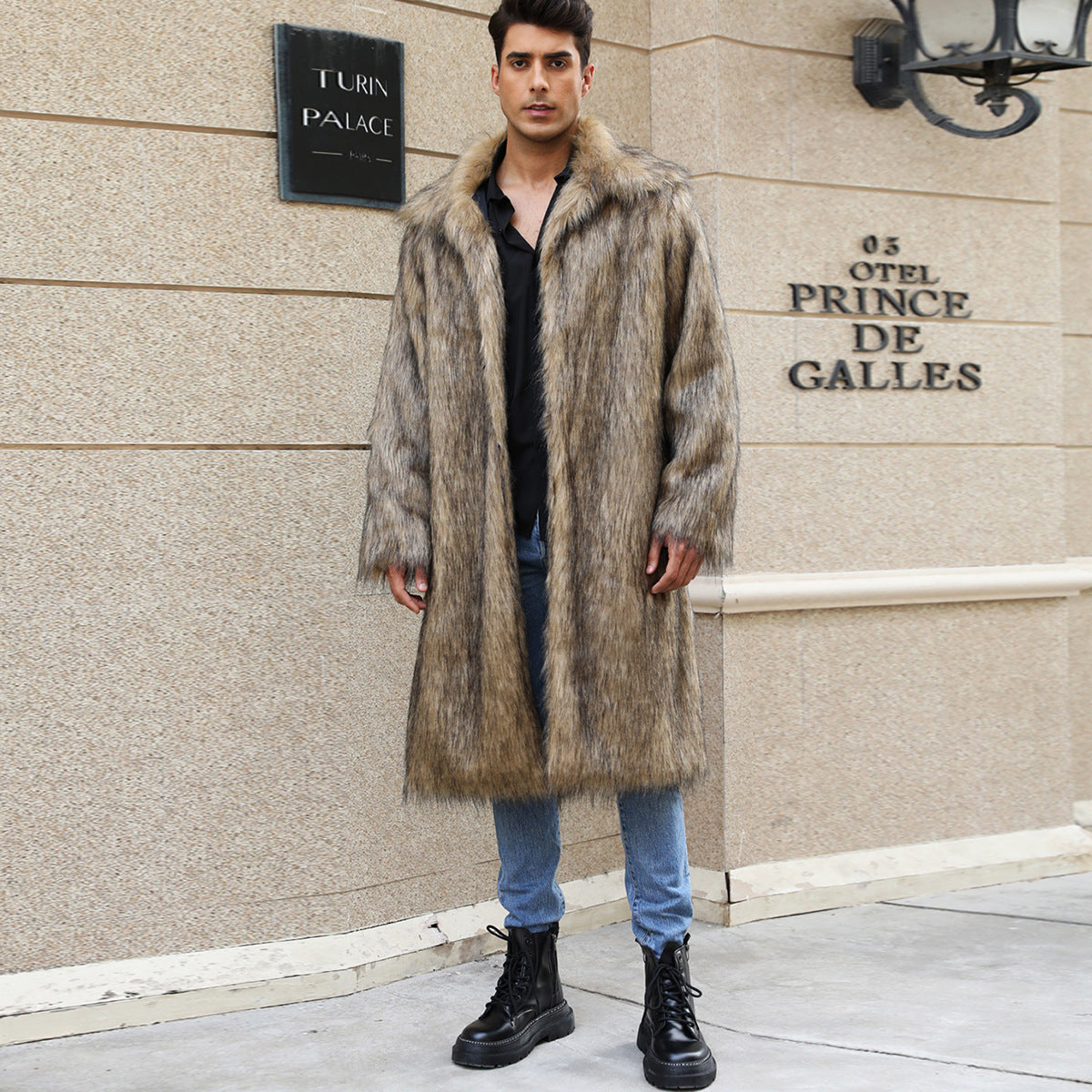 Men's long faux fur coat, imitation fox fur