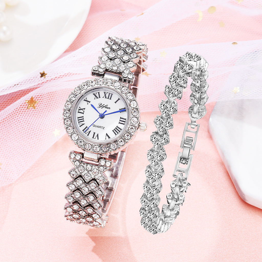 Diamond-embellished women's wristwatch, stylish Roman numerals