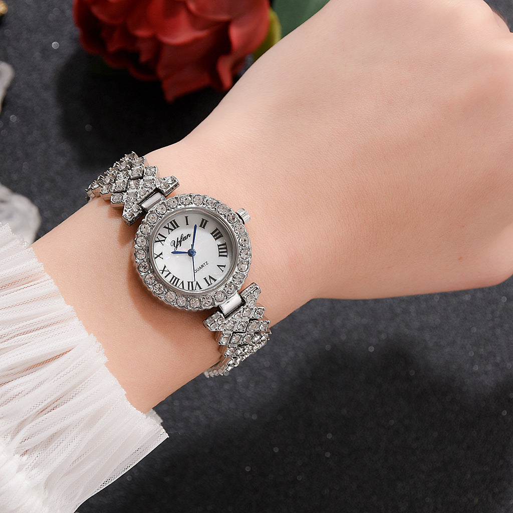Diamond-embellished women's wristwatch, stylish Roman numerals