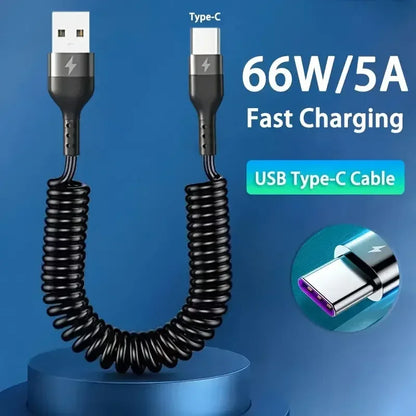 66W USB-C Kaapeli Sisäänvedettävä - 5A Pikalataus Type-C Jousimekanismilla