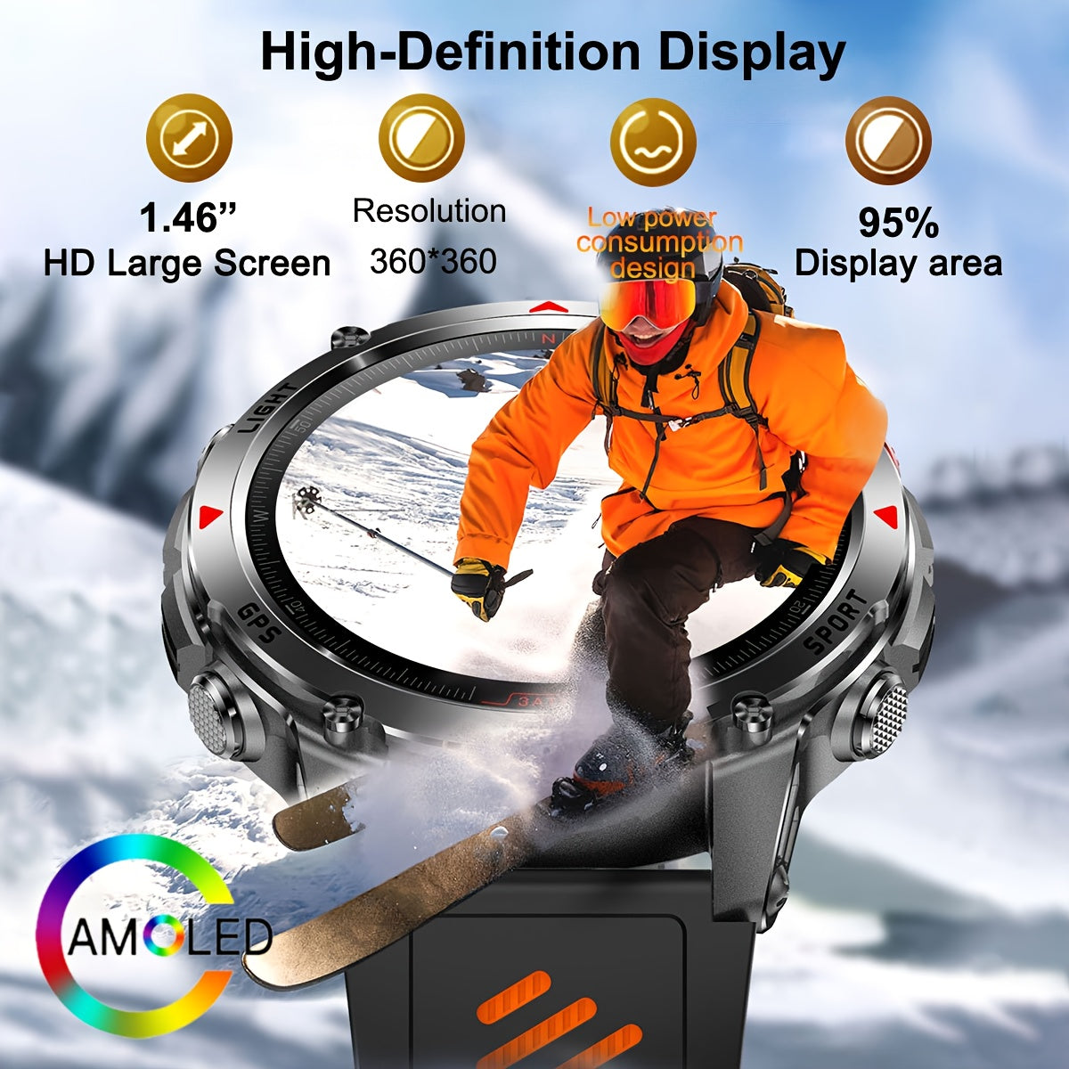 COIUSOR GPS smartwatch with 1.46" AMOLED HD display, LED flashlight