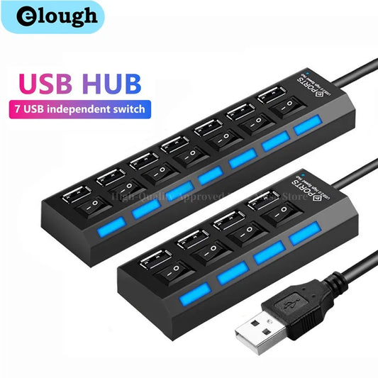 Elough USB 2.0 Hub 4/7 Porttia - Nopea Moniliitäntäinen Jakaja Kytkimellä