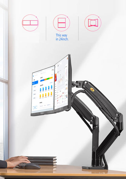NB F195A Alumiini Kaksoisnäyttöteline - Kaasujousitettu 22-32" Monitorikiinnike