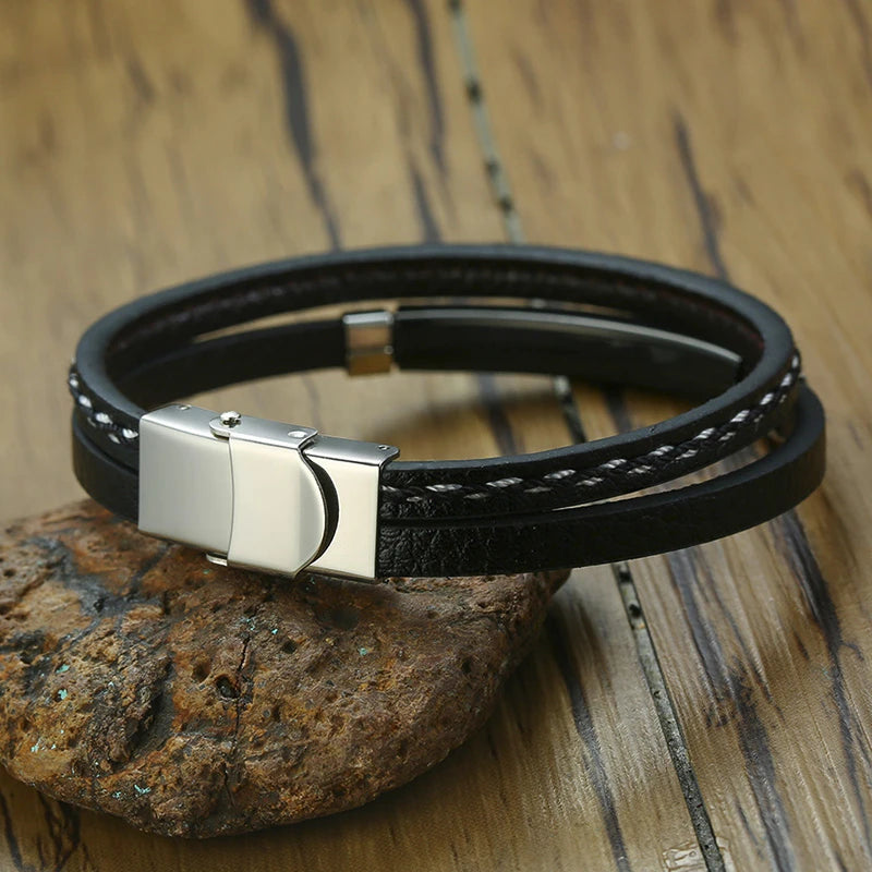 VNOX Genuine Leather Double Bracelet for Men