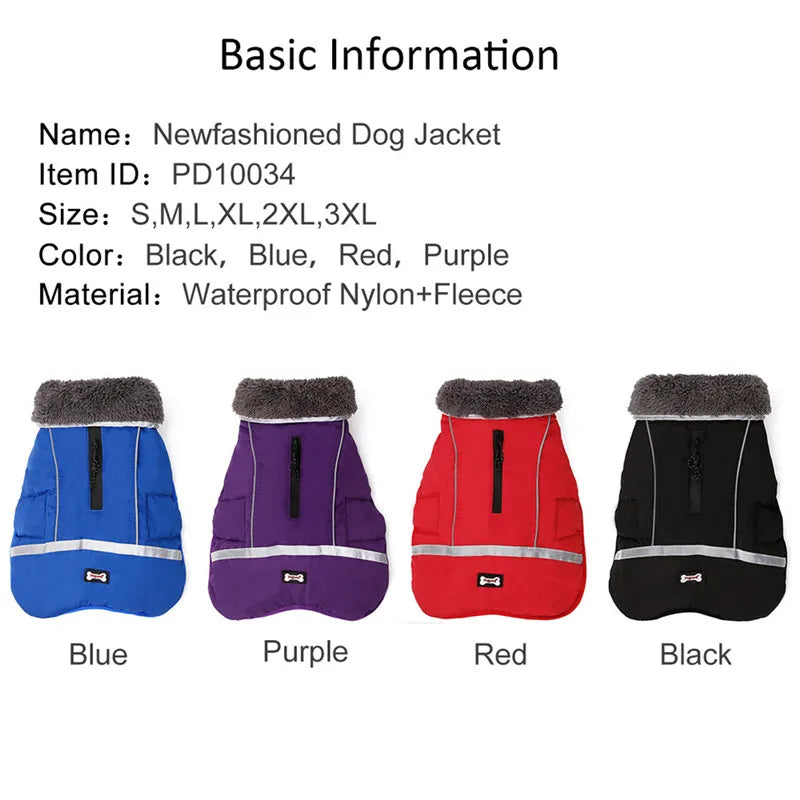 Warm winter dog coat with reflectors, for medium and large dogs