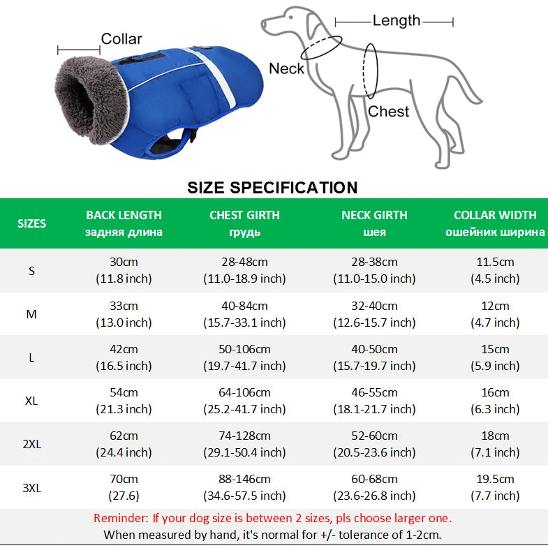 Warm winter dog coat with reflectors, for medium and large dogs