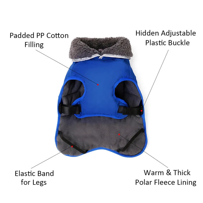 Warm winter dog coat with reflectors, for medium and large dogs