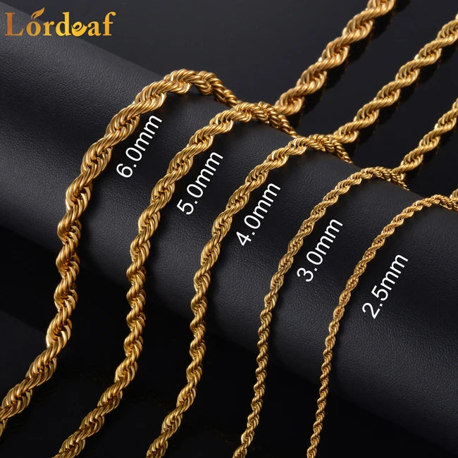 18K kullattu kierreköysiketju kaulakoru, 2.5-5mm,  miehille ja naisille