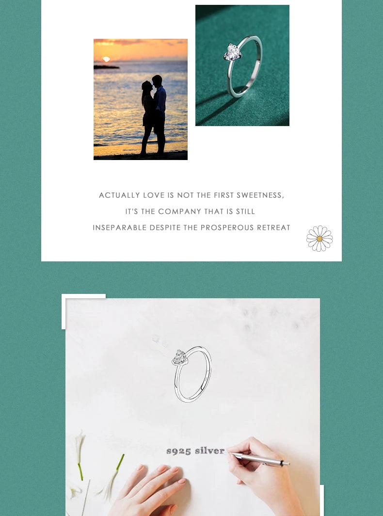 925 Hopeinen sydänsormus Zirkonialla, naisten kihlasormuksen tyyliä