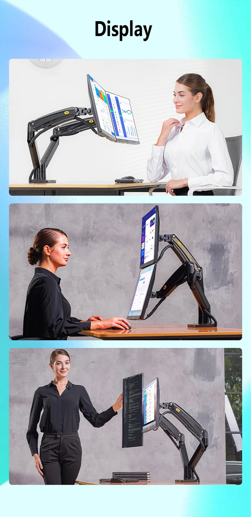 NB F195A Alumiini Kaksoisnäyttöteline - Kaasujousitettu 22-32" Monitorikiinnike