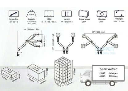 NB F195A Alumiini Kaksoisnäyttöteline - Kaasujousitettu 22-32" Monitorikiinnike
