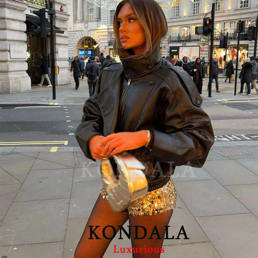KONDALA Ruskea Nahkatakki - Casual Chic Oversized Takki Naisille