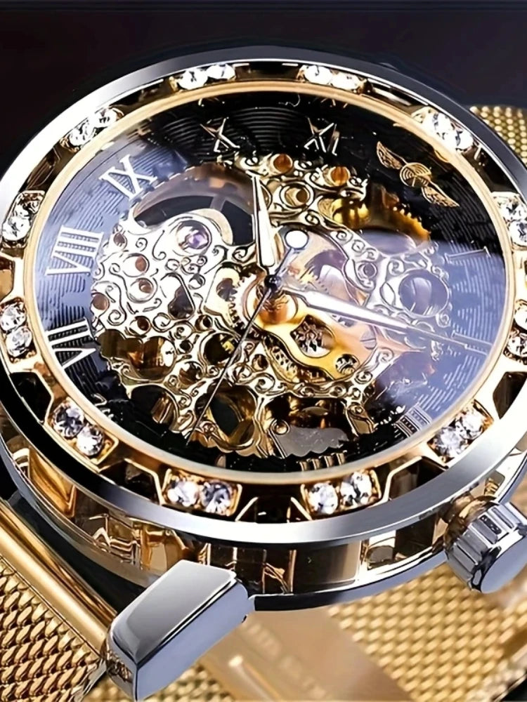 Miesten Premium Mekaaninen Rannekello - Timanttikoristeinen Mesh-Ranneke, Käsikäyttöinen Koneisto