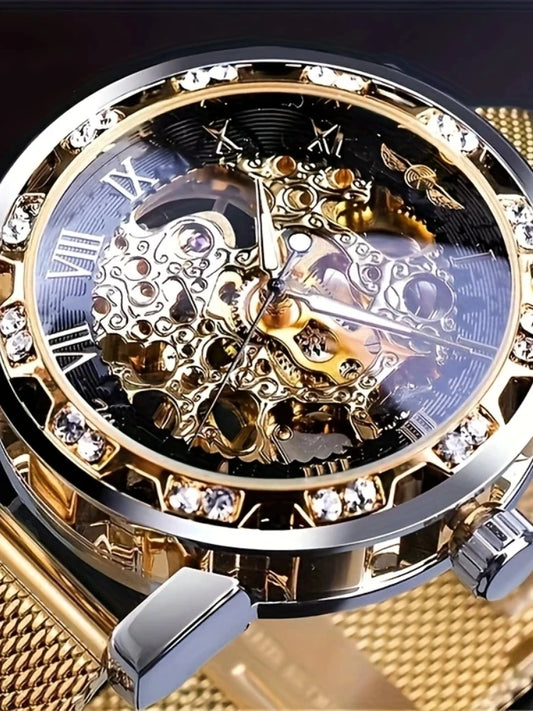 Miesten Premium Mekaaninen Rannekello - Timanttikoristeinen Mesh-Ranneke, Käsikäyttöinen Koneisto