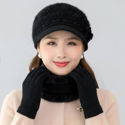 Women's winter hat and scarf set, fur-lined floral knitted hat