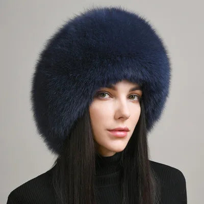 Women's genuine fox fur hat with earflaps, thick luxury winter hat