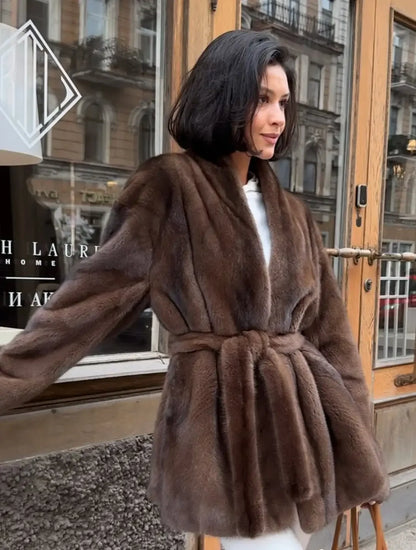 Luxurious faux fur coat for women, stylish lace trim detail