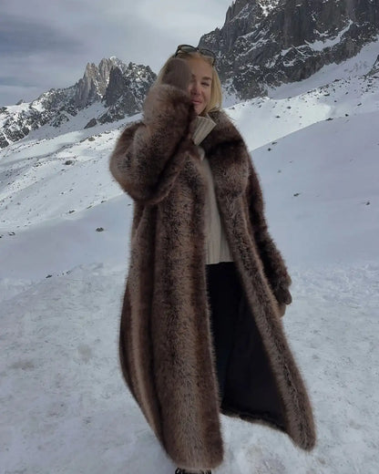 Long luxurious faux fur coat for women, lapel collar, long model