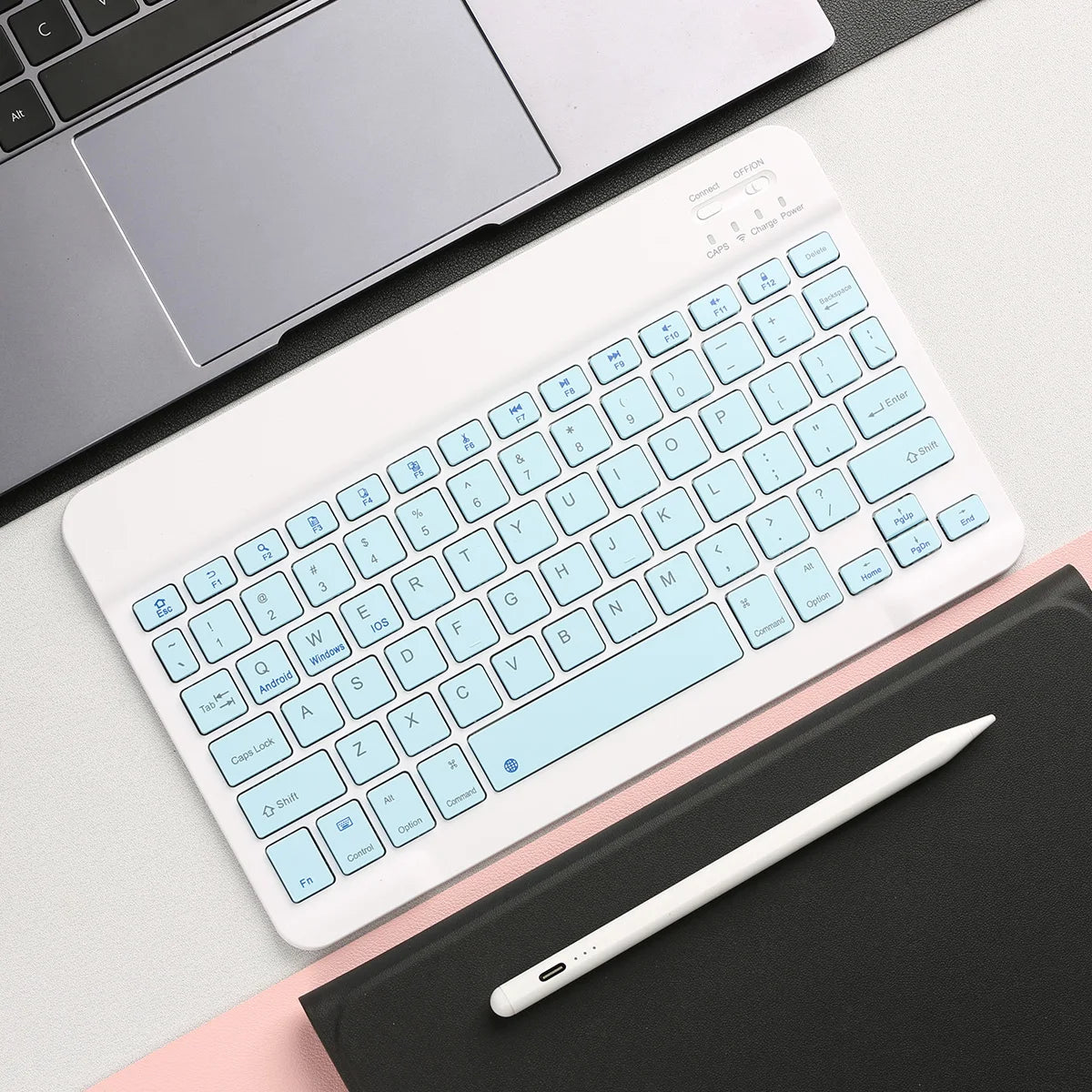 Langaton Bluetooth-Näppäimistö Ladattavalla Akulla - Pelaaminen & Työ iOS/Android/Windows - Sininen