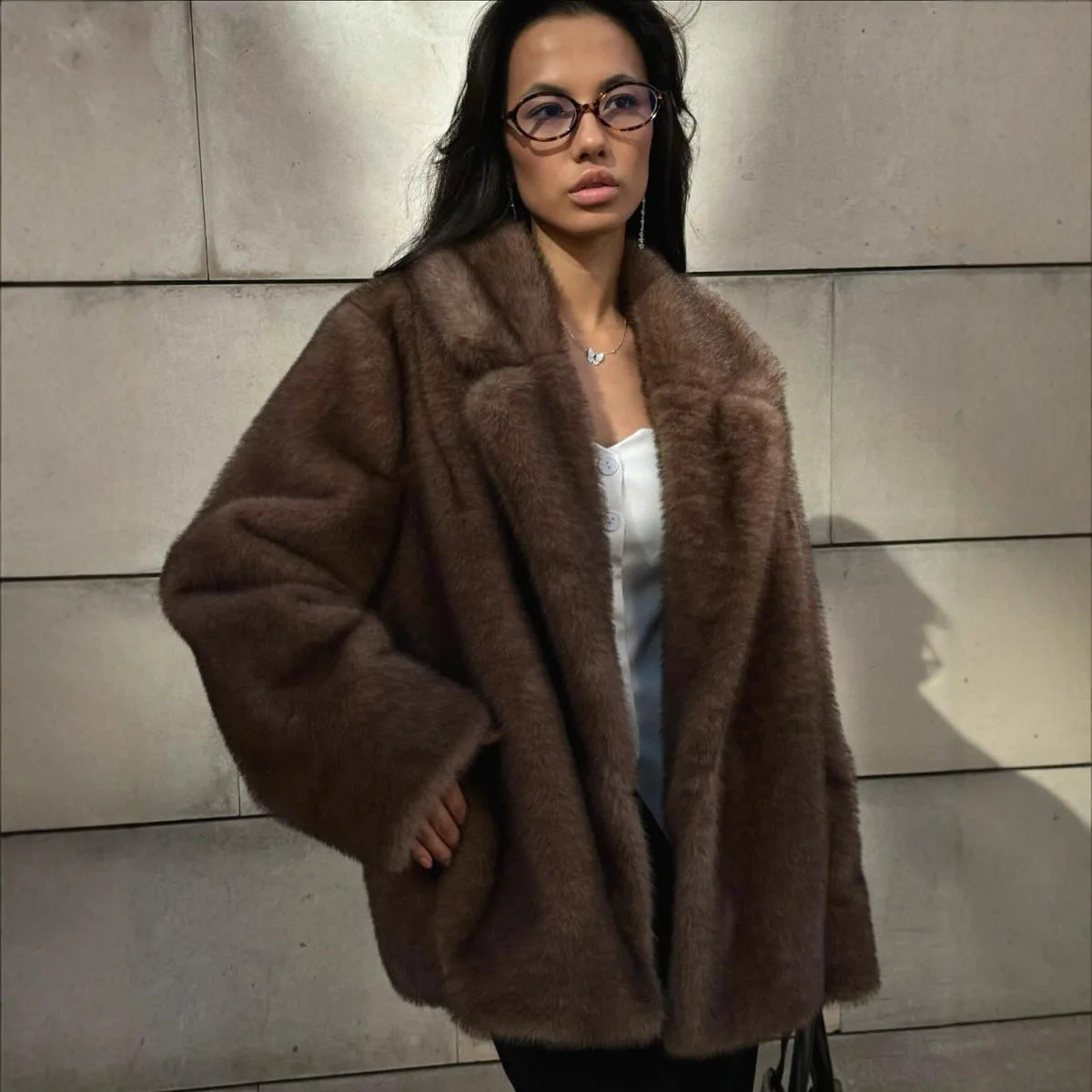 Brown mink faux fur coat for women, retro brown color