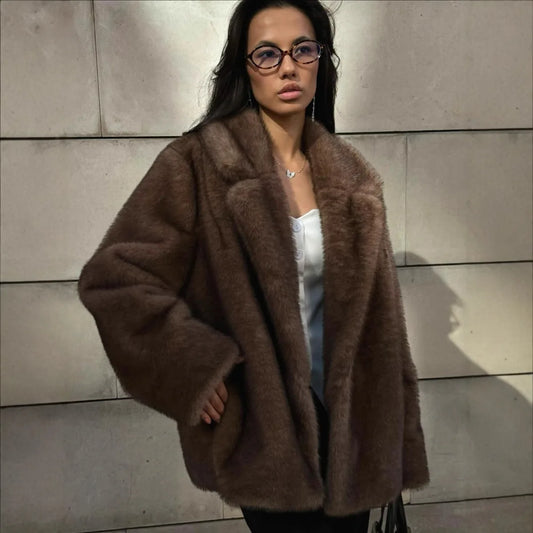 Brown mink faux fur coat for women, retro brown color