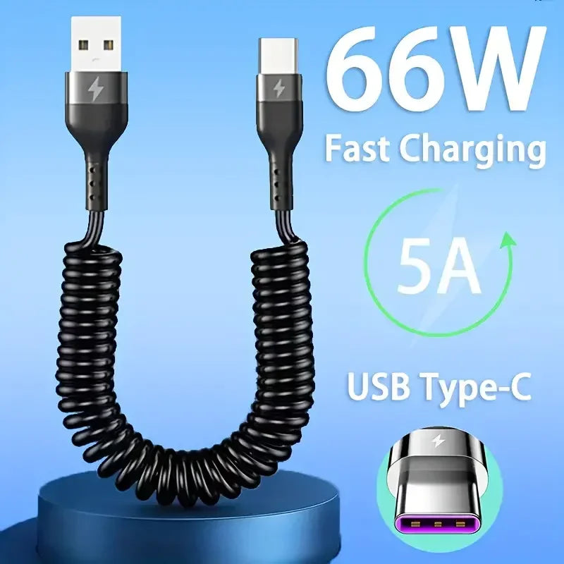 66W USB-C Kaapeli Sisäänvedettävä - 5A Pikalataus Type-C Jousimekanismilla