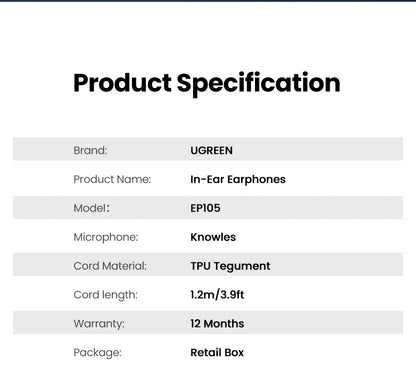 UGREEN USB-C Headphones with Microphone - HiFi Stereo In-Ear Headphones with 3.5mm Jack