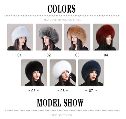 Women's genuine fox fur hat with earflaps, thick luxury winter hat