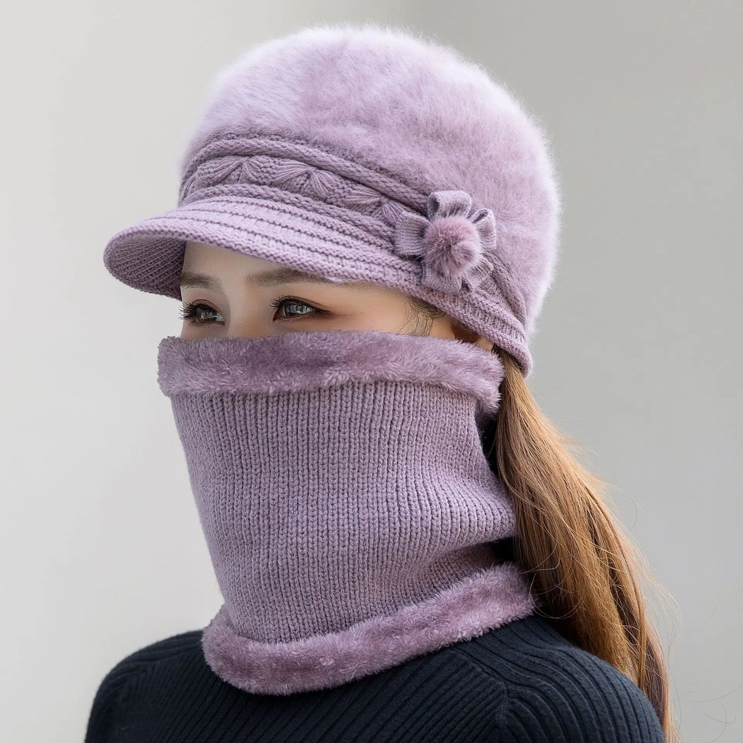 Women's winter hat and scarf set, fur-lined floral knitted hat