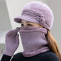 Women's winter hat and scarf set, fur-lined floral knitted hat