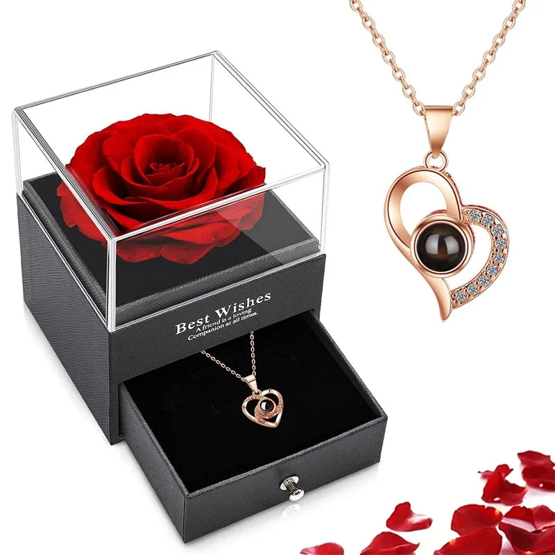 Heart pendant necklace, rose box, romantic gift