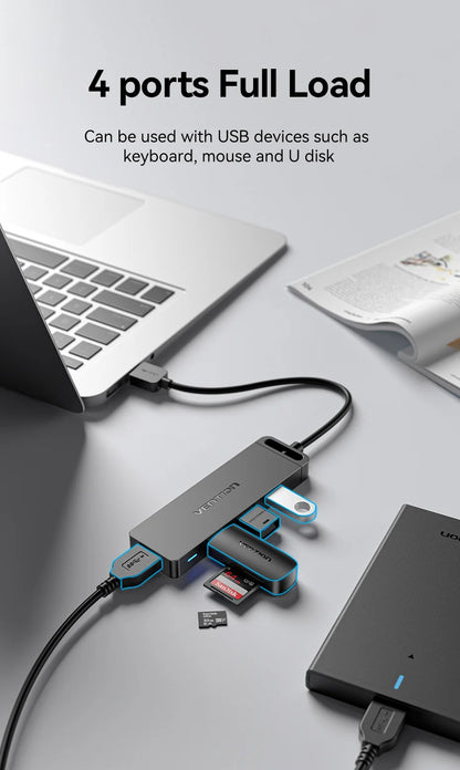 Vention USB 3.0 Hub 4 Porttia - Ohut Nopea Jakaja MacBook, PC & Laptop