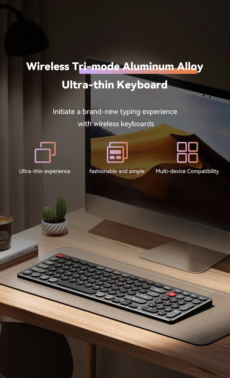 Hiljainen alumiininäppäimistö, kolme yhteystilaa, ergonominen, ohut