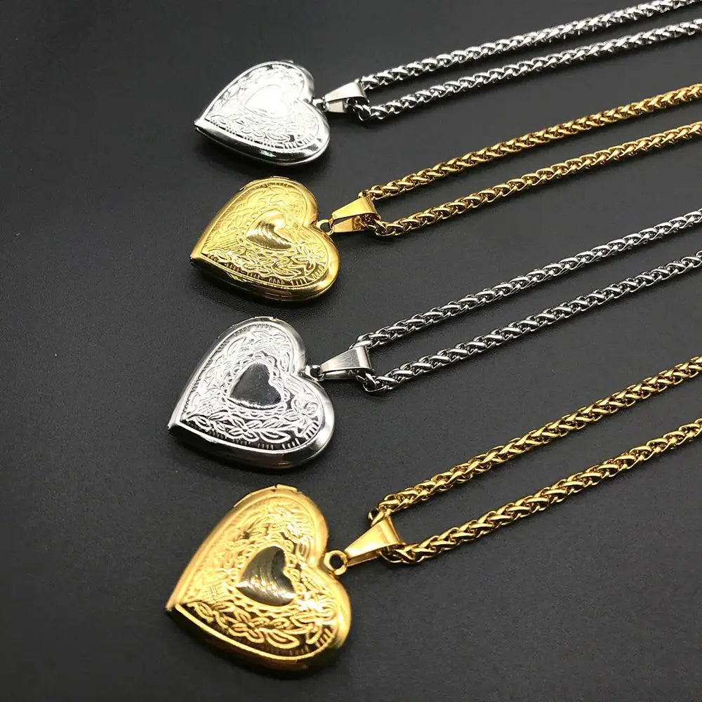 Heart locket necklace for women and men, gold or silver