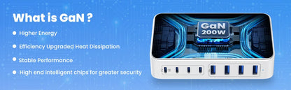 200W Pikalatausasema – 8-porttinen USB-C-keskitin 65W PD-laturilla