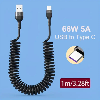 66W USB-C Kaapeli Sisäänvedettävä - 5A Pikalataus Type-C Jousimekanismilla