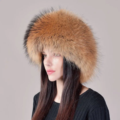 Women's genuine fox fur hat with earflaps, thick luxury winter hat