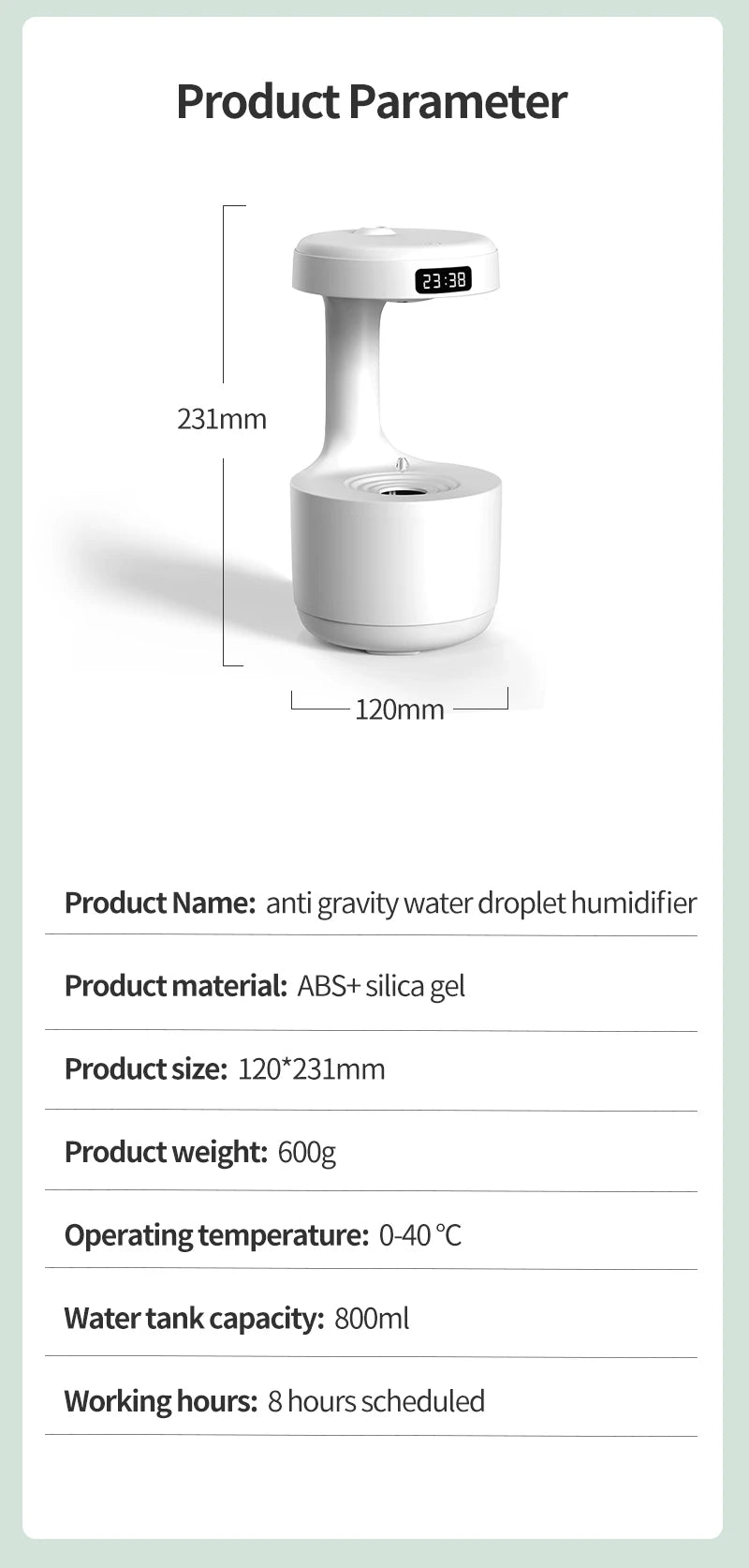 Humidifier, with anti-gravity effect, quiet, efficient, LED lighting