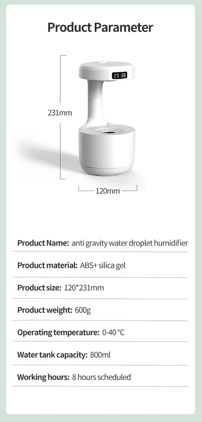 Humidifier, with anti-gravity effect, quiet, efficient, LED lighting