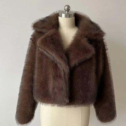 MYMX Faux fur jacket for women, large collar, short model