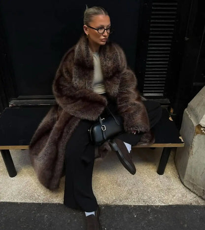 Long luxurious faux fur coat for women, lapel collar, long model