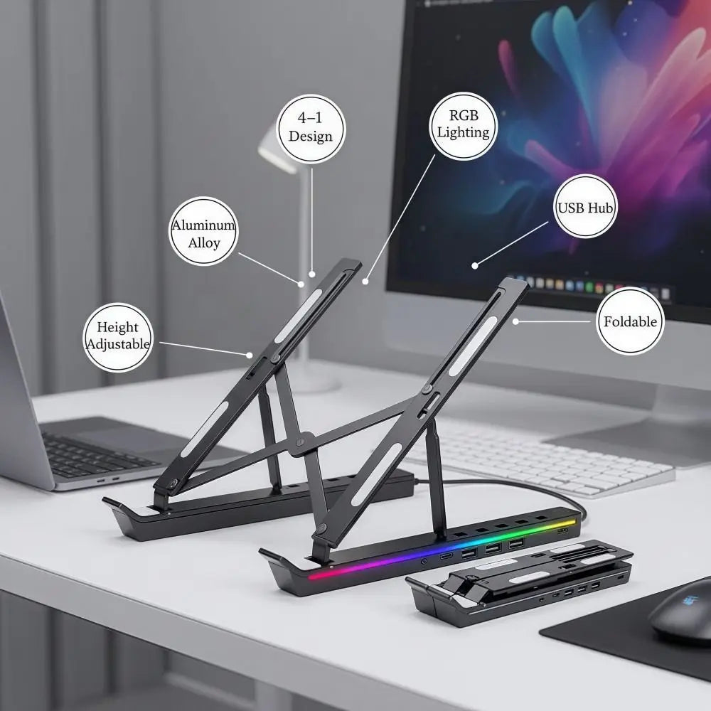 4-in-1 RGB Laptop-teline - Alumiininen Telakointiasema Jäähdytyksellä