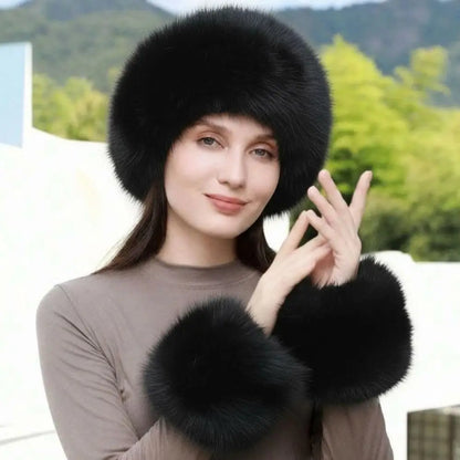 Women's fox fur coat 3-piece winter set, headband, hat and wrist warmers