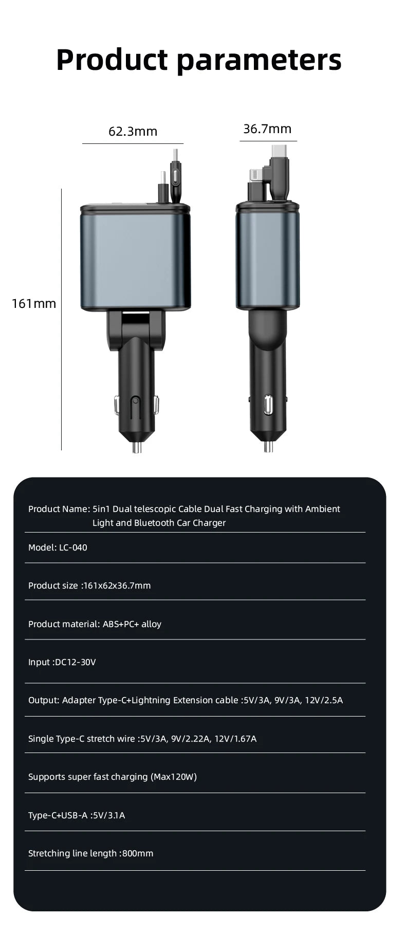 5-in-1 180W Autolaturi – Bluetooth 5.0 FM-lähetin, Pikalataus ja LED-valaistus