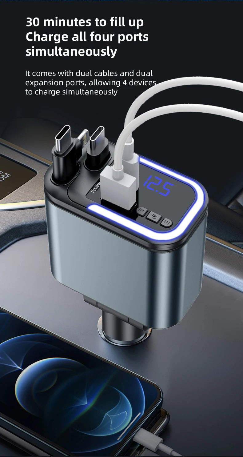 5-in-1 180W Autolaturi – Bluetooth 5.0 FM-lähetin, Pikalataus ja LED-valaistus